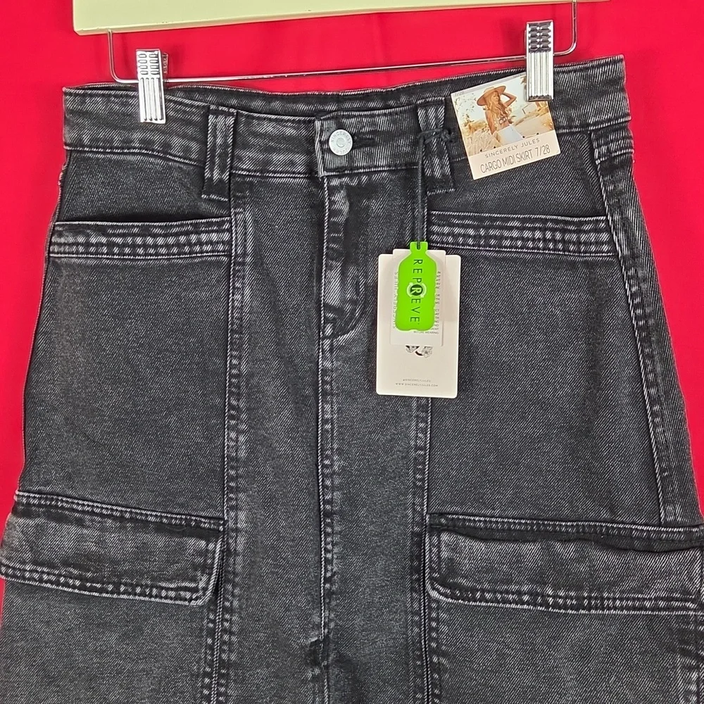 NEW SINCERELY JULES Cargo Midi Skirt‎ Denim Black Womens Size 7/28
